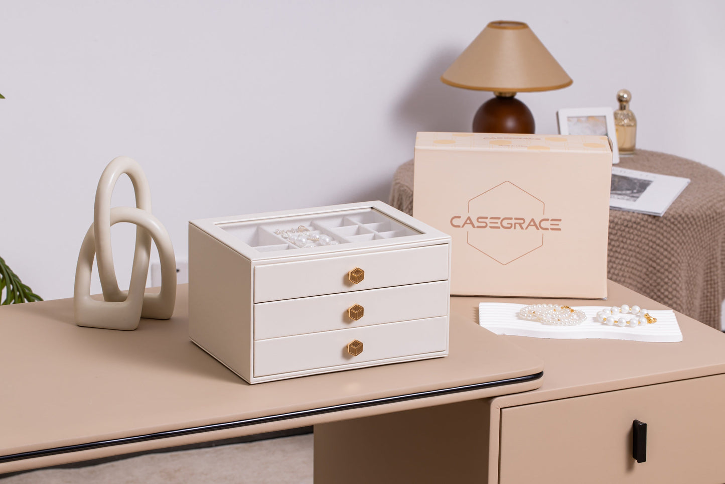 Jewelry Box for Women with Glass Lid-3 Drawers