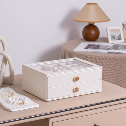 Jewelry Box for Women with Glass Lid-2 Drawers