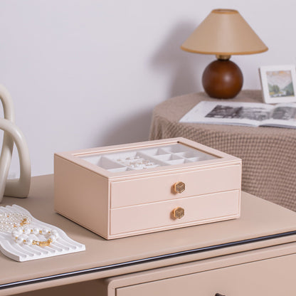 Jewelry Box for Women with Glass Lid-2 Drawers