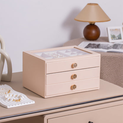 Jewelry Box for Women with Glass Lid-3 Drawers