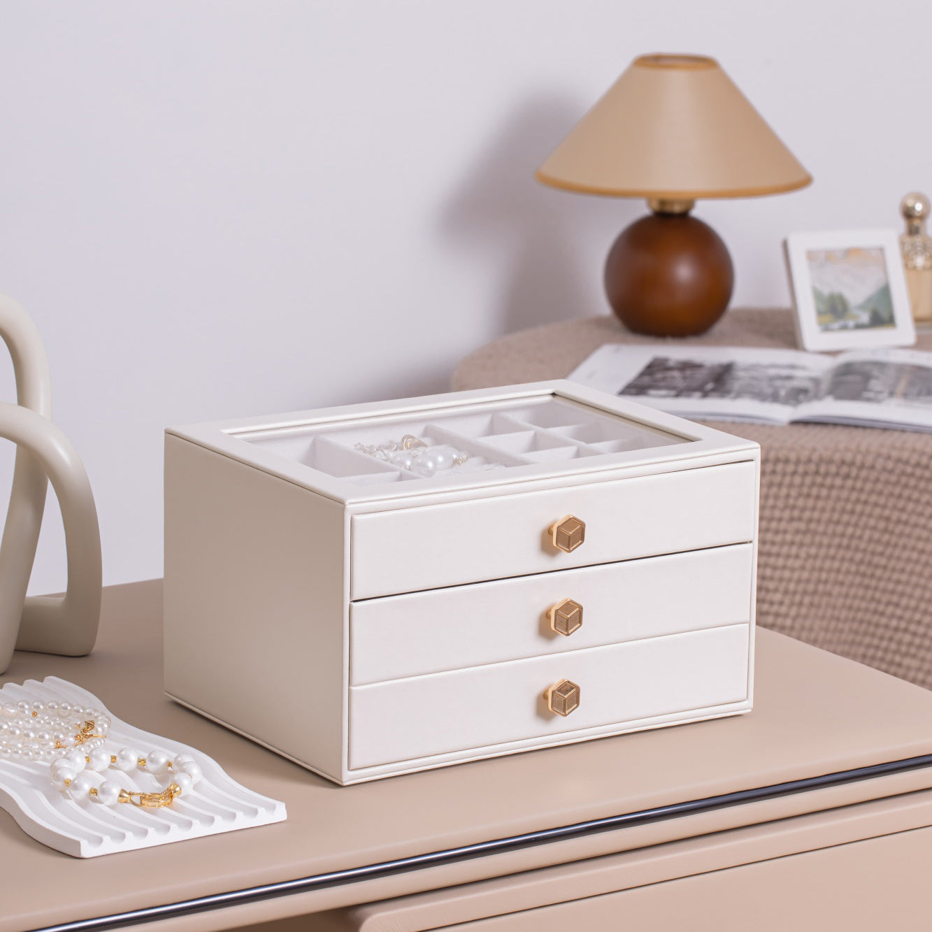 Jewelry Box for Women with Glass Lid-2 Drawers