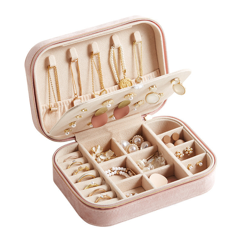 Travel Zippered Plush Velvet Jewelry Box Earring Case