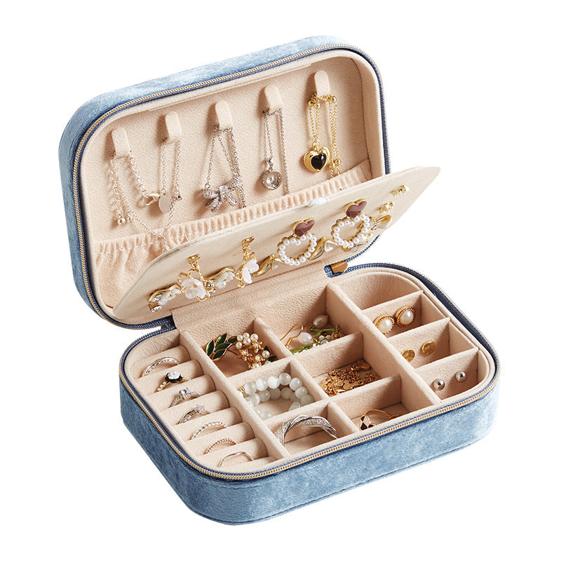 Travel Zippered Plush Velvet Jewelry Box Earring Case