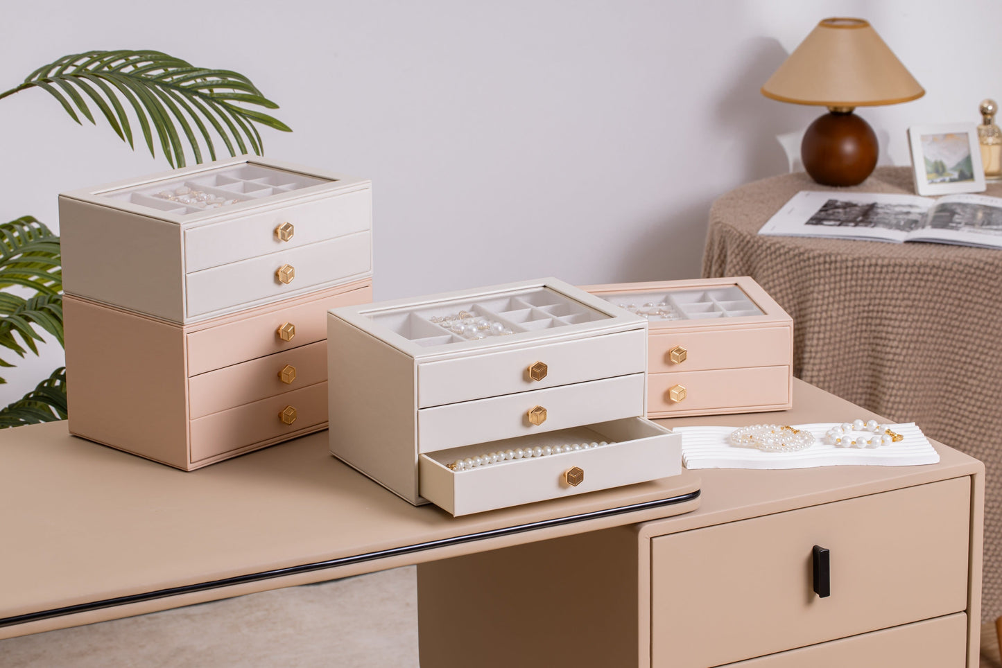 Jewelry Box for Women with Glass Lid-2 Drawers