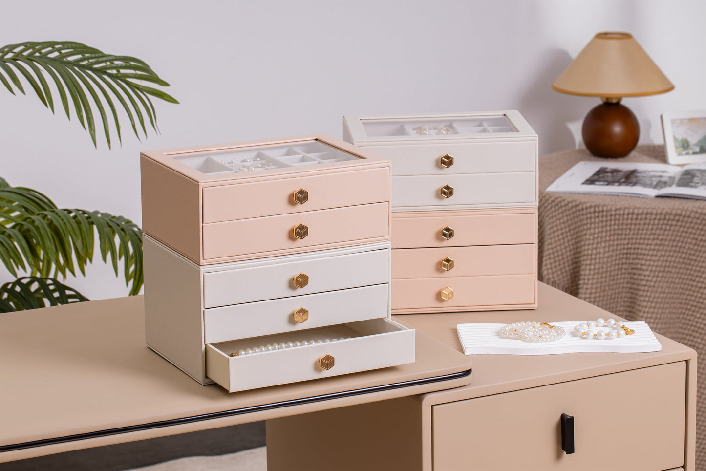 Jewelry Box for Women with Glass Lid-3 Drawers