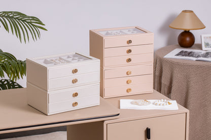 Jewelry Box for Women with Glass Lid-3 Drawers
