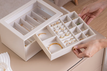 Jewelry Box for Women with Glass Lid-2 Drawers